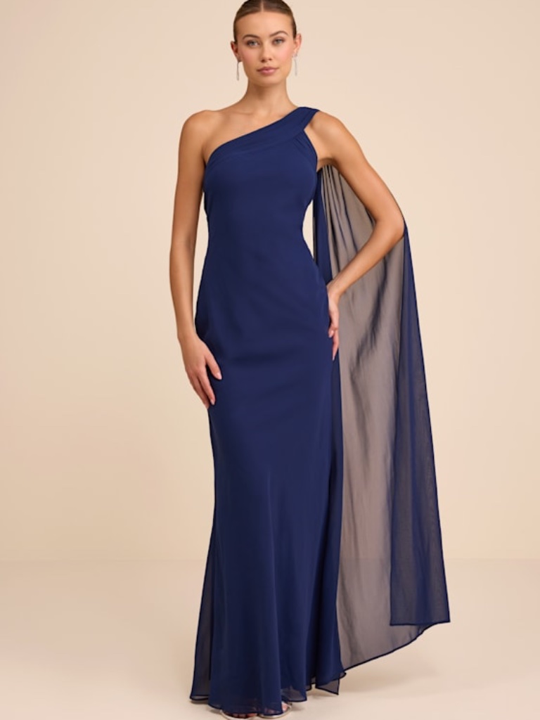 Lulus Carmenza Navy One-Shoulder Sash Maxi Dress Blue - Size S